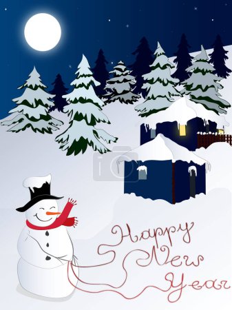 Illustration for Illustrated page banner Christmas New Year greeting card with houses and snowman - Royalty Free Image