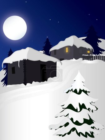 Téléchargez les illustrations : Page illustrée bannière scène rurale Noël Nouvel An thème avec deux maisons et des arbres - en licence libre de droit