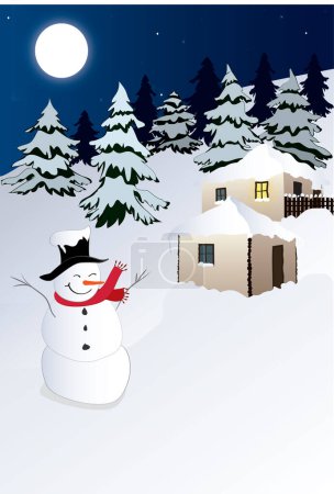 Téléchargez les illustrations : Bannière de page illustrée Carte de voeux du Nouvel An de Noël avec maisons rurales et bonhomme de neige - en licence libre de droit