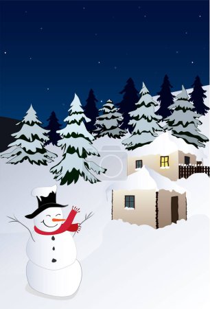 Téléchargez les illustrations : Bannière de page illustrée Carte de voeux du Nouvel An de Noël avec maisons rurales et bonhomme de neige - en licence libre de droit