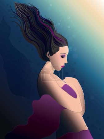 Téléchargez les illustrations : Vertical coloré fille illustrée avec des cheveux longs noirs dans la robe rose plongée dans l'eau profonde - en licence libre de droit