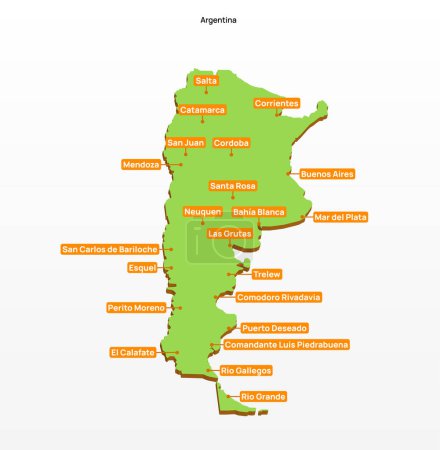 3d vector illustration graphic green color geographical map of Argentina with largest cities shown
