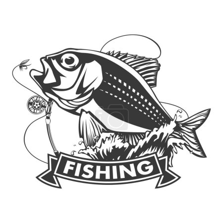 Téléchargez les illustrations : Snapper rouge avec des tiges et des vagues de l'océan logo de pêche isolé sur l'illustration blanche
. - en licence libre de droit