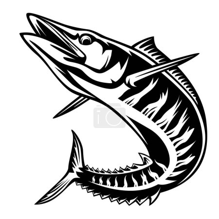 Téléchargez les illustrations : Illustration d'un wahoo, Acanthocybium solandri, un poisson scombrid sautant vu de côté sur fond blanc isolé fait dans un style rétro
. - en licence libre de droit