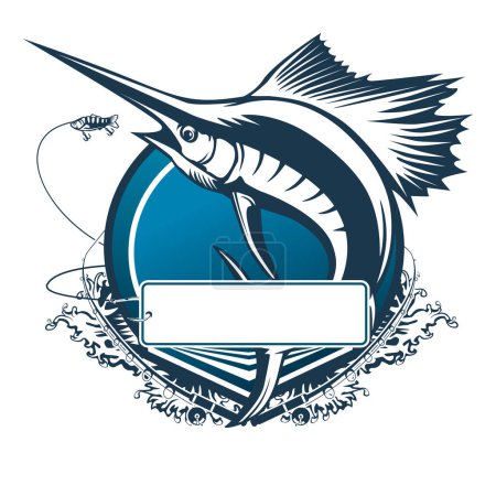 Ilustración de Marlin fish logo.Sword fish fishing emblem for sport club. Angry marlin fishing background theme vector illustration. - Imagen libre de derechos