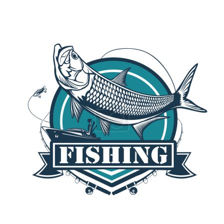Illustration for Tarpon fishing emblem. Black and white illustration of tarpon. Vector can be used for web design, cards, logos and other design - Royalty Free Image
