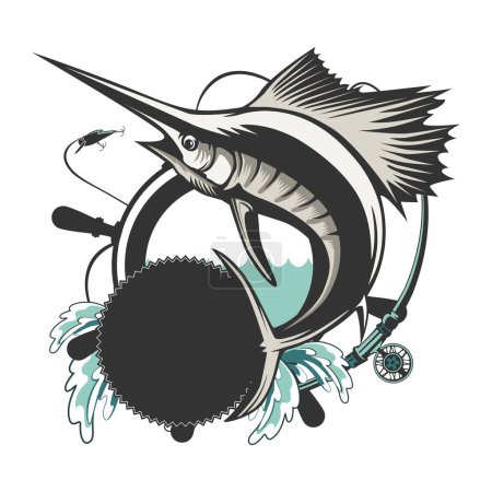 Ilustración de Marlin fish logo.Sword fish fishing emblem for sport club. Angry marlin fishing background theme vector illustration. - Imagen libre de derechos