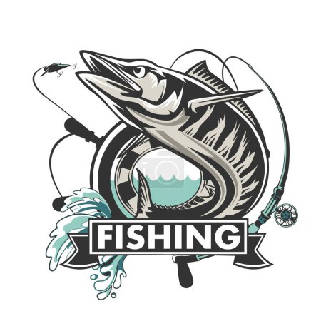 Illustration for Wahoo fish. Fishing logo vector. Acanthocybium solandri. Scombrid fish jumping up fishing emblem on white background. - Royalty Free Image