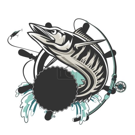 Illustration for Wahoo fish. Fishing logo vector. Acanthocybium solandri. Scombrid fish jumping up fishing emblem on white background. - Royalty Free Image