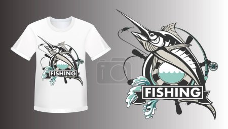 Ilustración de Marlin logotipo de pescado camiseta mockup.Sword emblema de pesca de pescado para el club deportivo. Angry marlin pesca fondo tema vector ilustración. - Imagen libre de derechos