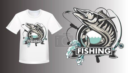 Illustration for Wahoo fish shirt mockup. Fishing logo vector. Acanthocybium solandri. Scombrid fish jumping up fishing emblem on white background. - Royalty Free Image