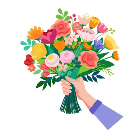 A bouquet of flowers in her hand. Vector illustration on white background. Colorful, various flowers.