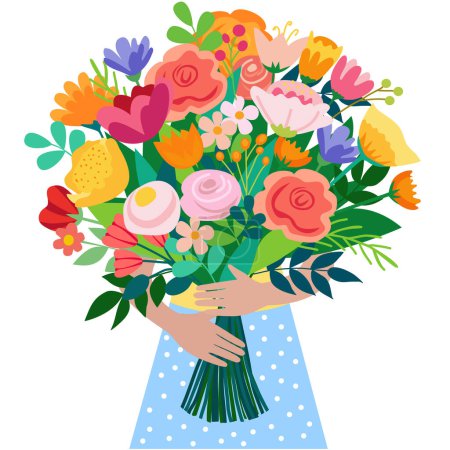 Un bouquet de fleurs à la main. Illustration vectorielle sur fond blanc. Coloré, fleurs diverses.