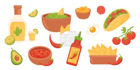 Ilustración de Comida mexicana. Nachos, guacamole, chile, tomate, aguacate, huevo, burrito, salsa, salsa de guacamole. Ilustración vectorial - Imagen libre de derechos