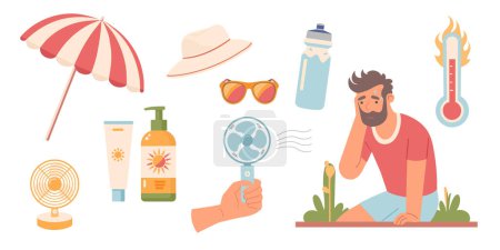 Intense heat. The man is sick from the heat. Sunstroke. Sun protection products. Fan, Water, Beach umbrella, SPF, Sunglasses, Sun hat