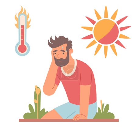 Hot weather. The man suffers from heat, sweats. Sunstroke. Heat stroke.