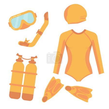 Set of Diving Equipment. Snorkeling Masks, Scuba Diver Tools Underwater Glasses, Mouthpiece Tube for Swimming, Flippers. 