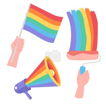 Illustration for Pride Month. LGBT characters. A set of elements. Flag in hand, megaphone speaker, roller with rainbow paint. - Royalty Free Image