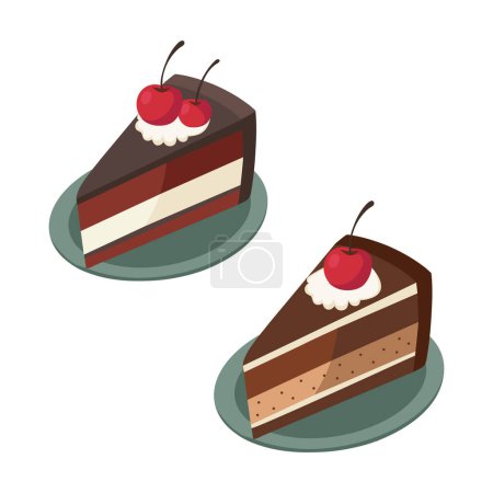 Black forest or schwarzwald cake sweet pasty or dessert from germany with cherrys on the plate.Different pieces.Vector illustration 
