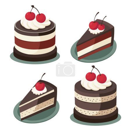 Black forest or schwarzwald cake sweet pasty or dessert from germany with cherrys on the plate.Different pieces.Vector illustration 