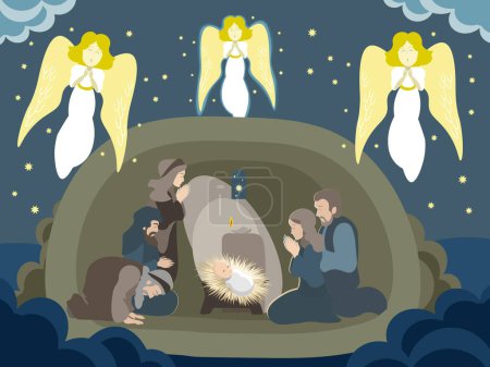 Illustration for Christmas biblical scene of Joseph, Mary and newborn baby indoors at night. Cute characters of nativity story in cartoon style. Suitable for Christmas greeting and design. - Royalty Free Image