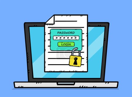 Illustration for A hand-drawn illustration showing a laptop and a document with locked access. The document is protected by the password needed to open it. - Royalty Free Image