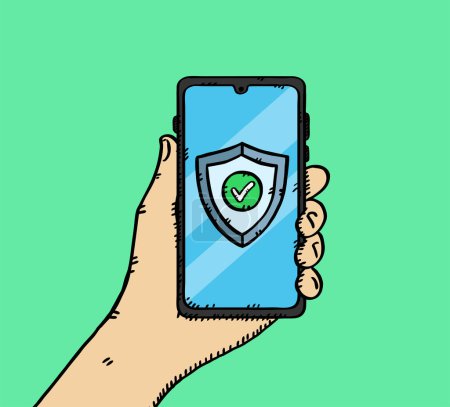 Illustration for A hand holding a phone protected by an antivirus shield. the shield has a green stamp confirming the protection. Hand-drawn vector graphics. - Royalty Free Image