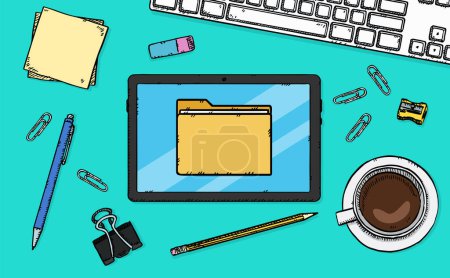 Photo for A graphic of a file folder is displayed on a tablet lying on a desk. Hand-drawn vector graphics - Royalty Free Image