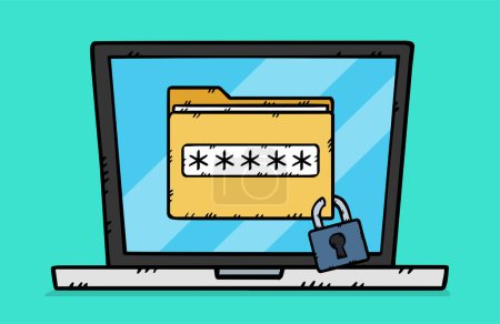 Photo for The folder file displayed on the laptop screen is protected by a password. Data protection. Hand-drawn vector graphics - Royalty Free Image