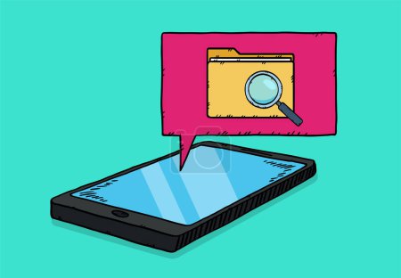 Illustration for Folder file and file search magnifier displays on the cloud coming out of the phone lying down. Hand-drawn vector graphics. - Royalty Free Image