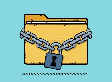 Photo for Folder secured with a chain and padlock. Obstructed access secures personal information. Hand-drawn vector graphics. - Royalty Free Image