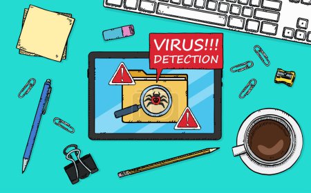 Illustration for A computer bug detected on the tablet's screen along with a sign informing of the danger and a caption. The virus was located in a data folder. Vector hand drawn illustration. - Royalty Free Image