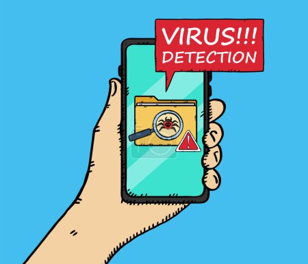 Illustration for A computer bug detected on the mobile phone screen along with a sign informing of the danger and a caption. The virus was located in a data folder. Vector hand drawn illustration. - Royalty Free Image