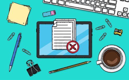 Photo for Icon of several documents with a red x on tablet screen. A failed test or survey. Hand-drawn vector illustration. - Royalty Free Image
