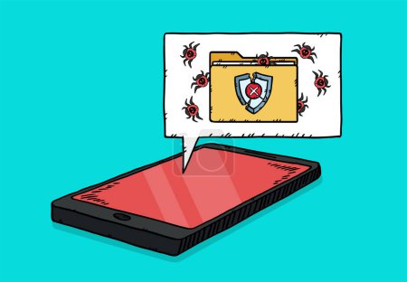 Illustration for Graphic of a phone with a cloud and a virus-infected folder. From the folder come out viruses infecting the system. Vector hand drawn illustration. - Royalty Free Image