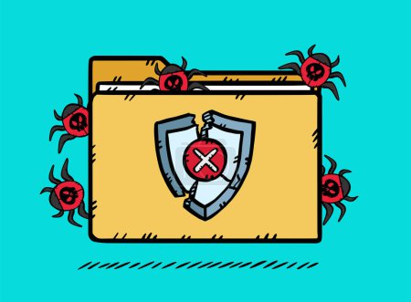 Illustration for Graphic of a laptop on the screen of which displays a folder infected by viruses. Computer bugs escape from the folder and infect the device's system. Hand drawn vector illustration. - Royalty Free Image
