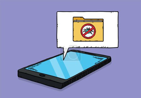 Illustration for A sign forbidding computer worms and viruses located on cloude from phone screen. This sign indicates that the antivirus is running. Vector hand drawn illustration. - Royalty Free Image