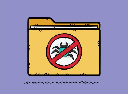 Illustration for A hand-drawn illustration of a folder along with a ban sign for computer worms and viruses located on the laptop screen. This sign indicates that the antivirus is running. - Royalty Free Image