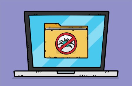 Illustration for A sign forbidding computer worms and viruses located on a laptop screen. This sign indicates that the antivirus is running. Vector hand drawn illustration. - Royalty Free Image