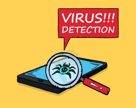 Illustration for Vector illustration of a magnifying glass detecting a virus on a phone screen. Hand-drawn illustration. - Royalty Free Image