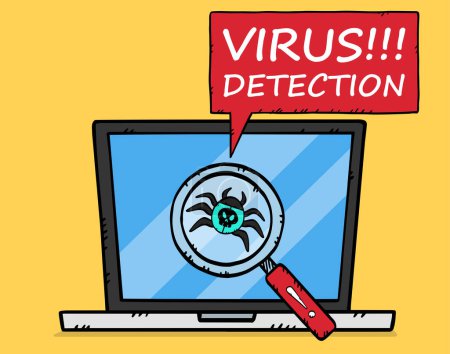 Illustration for Vector illustration of a magnifying glass detecting a computer virus on a laptop screen. A caption about virus detection also appears. Hand-drawn illustration. - Royalty Free Image