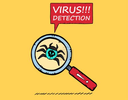Illustration for Vector illustration of a magnifying glass detecting a computer virus. Hand-drawn illustration. - Royalty Free Image