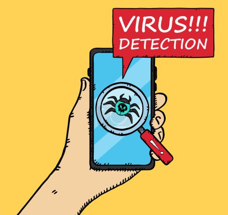 Illustration for Vector illustration of a hand holding a cell phone on which a magnifying glass has detected a computer virus. Hand-drawn illustration. - Royalty Free Image