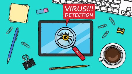 Illustration for Vector illustration of a magnifying glass detecting a virus on a tablet screen. A tablet sits on a desk in an office. Hand-drawn illustration. - Royalty Free Image