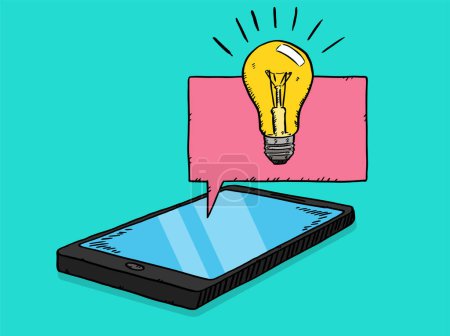 Photo for Hand-drawn vector graphic showing a mobile phone along with a light bulb of ideas. Colorful doodle illustration. - Royalty Free Image