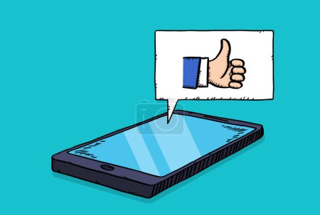 Vector illustration showing a phone lying down. A cloud with a thumbs up is coming out of the screen. Hand-drawn graphic of a sotial media app.
