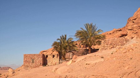 Ein kleines Gebäude und Palmen am Hang der Wüstenberge. Ägypten auf dem Sinai