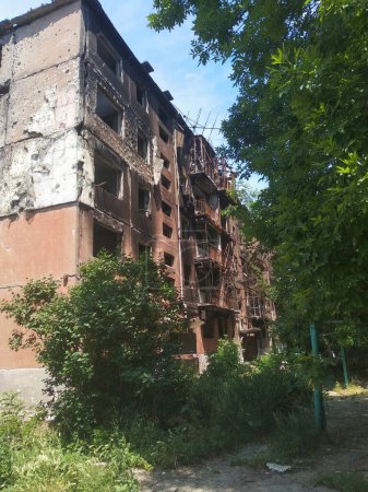 A multi-storey residential building in Mariupol destroyed during the fighting. Destroyed during the war.