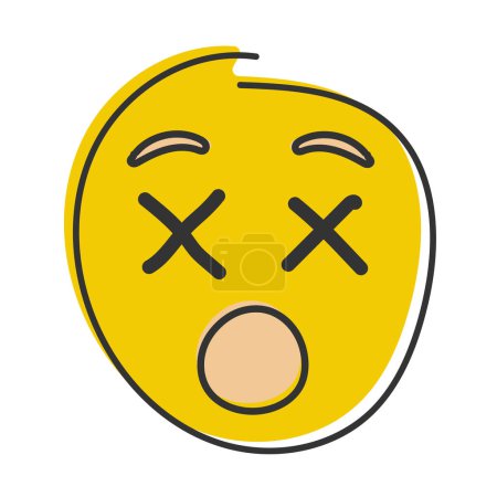 Foto de Emoji exhausto. Emoticono cansado, cara amarilla con ojos revueltos en forma de X. Emoticono dibujado a mano, de estilo plano. - Imagen libre de derechos