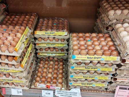 Téléchargez les photos : SEREMBAN, MALAISIE - 8 MARS 2022 : Œufs de poulet frais dans un conteneur à palettes, à vendre dans un supermarché. Trier par grade et taille. - en image libre de droit